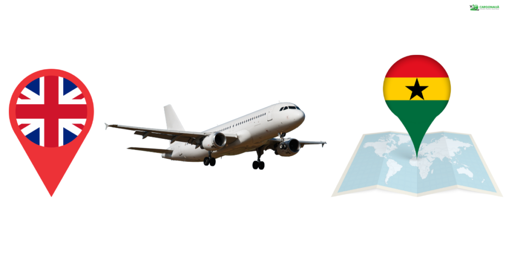 Air cargo shipping route from UK to Ghana highlighting Accra Kotoka International Airport