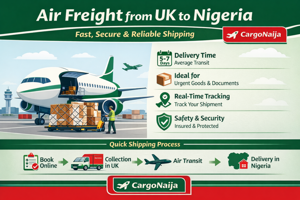 Air freight from UK to Nigeria showing cargo loaded onto aircraft with Cargonaija branded shipping boxes for fast door to door delivery