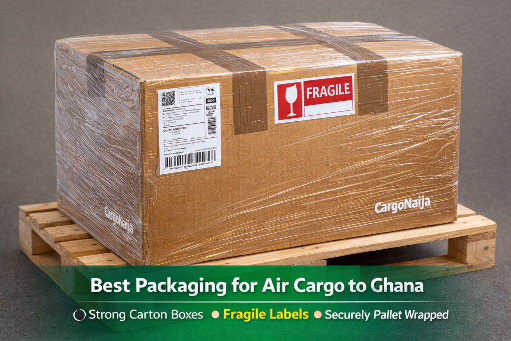 Proper packaging method for air cargo shipping from UK to Ghana using strong carton boxes and fragile labels
