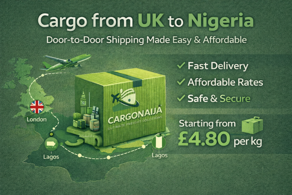 Cargo from UK to Nigeria infographic showing door-to-door air freight shipping, affordable £4.80 per kg rate, London to Lagos route, secure Cargonaija branded cargo box