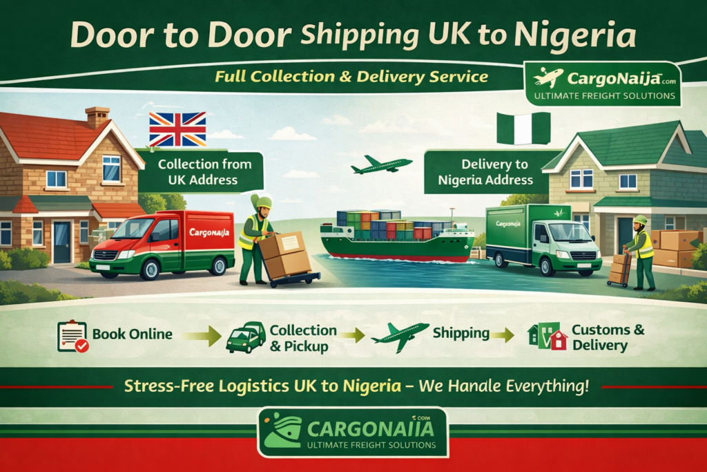 Door to door shipping from UK to Nigeria showing Cargonaija collection van, cargo shipment, and final delivery in Nigeria