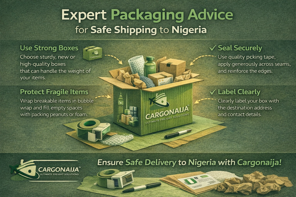 Packaging advice infographic for cargo from UK to Nigeria showing properly sealed carton box, fragile sticker, pallet wrap and shipping label by Cargonaija