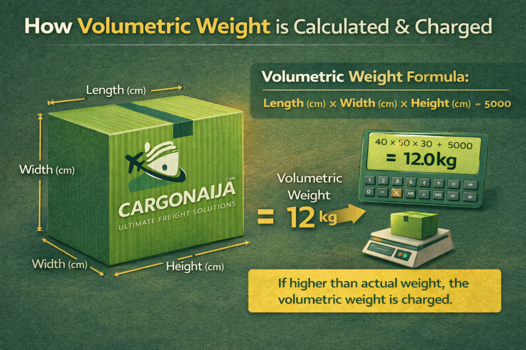 Volumetric weight formula for air freight from UK to Nigeria showing length × width × height ÷ 5000 airline calculation method