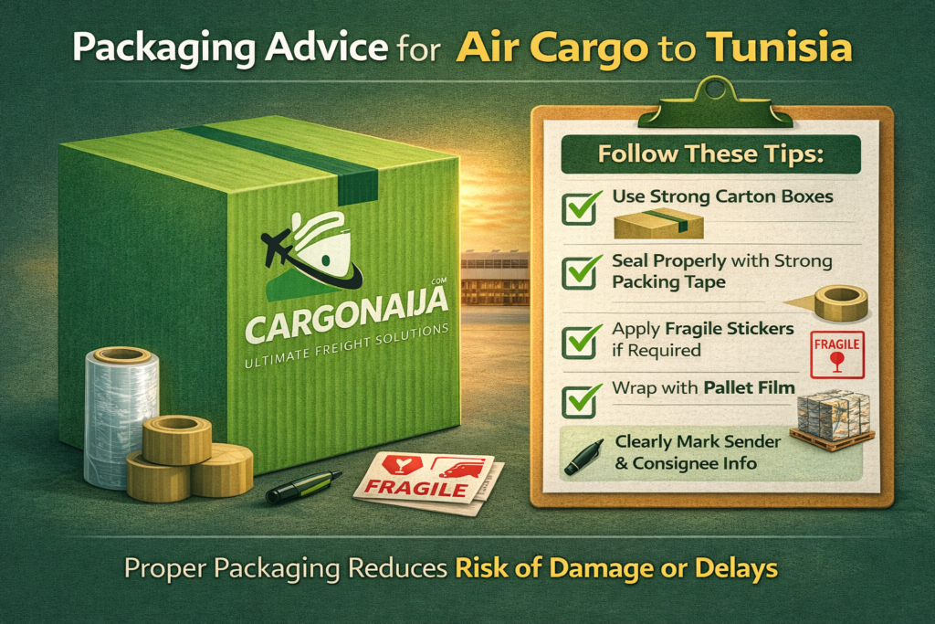 Properly sealed Cargonaija signature cargo box showing correct packaging method for air cargo shipping from UK to Tunisia with fragile label and pallet wrap