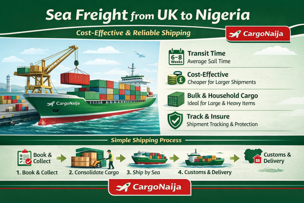 Sea freight from UK to Nigeria showing Cargonaija branded container ship transporting bulk cargo for affordable shipping