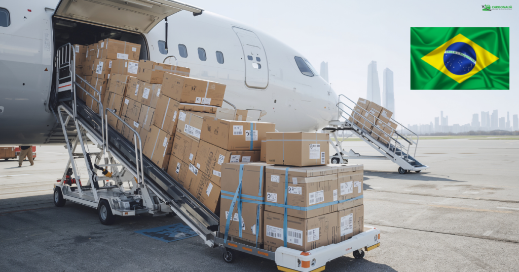 Export packaging boxes prepared for cargo shipping from UK to Brazil air freight service