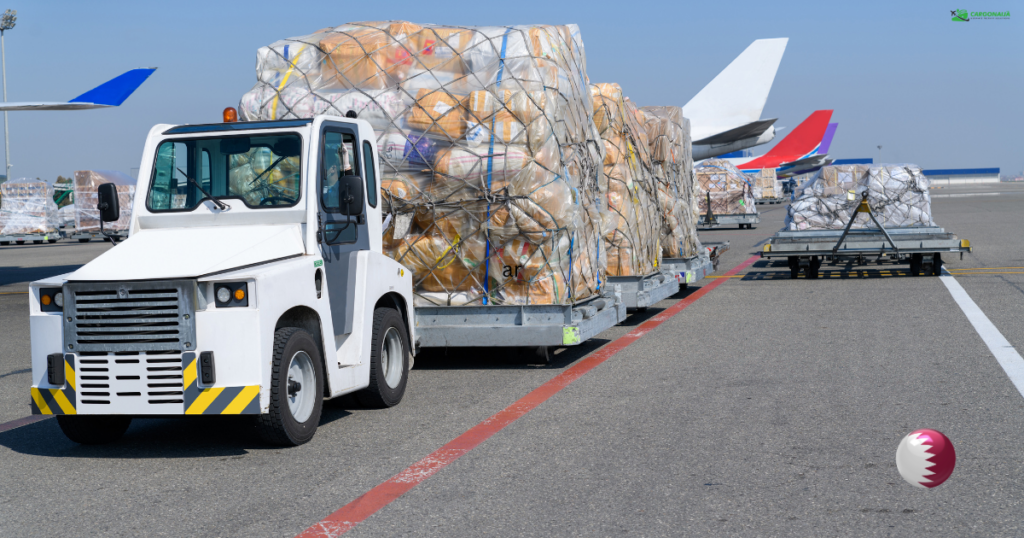 Air freight cargo shipping from UK to Qatar with airport pallet loading
