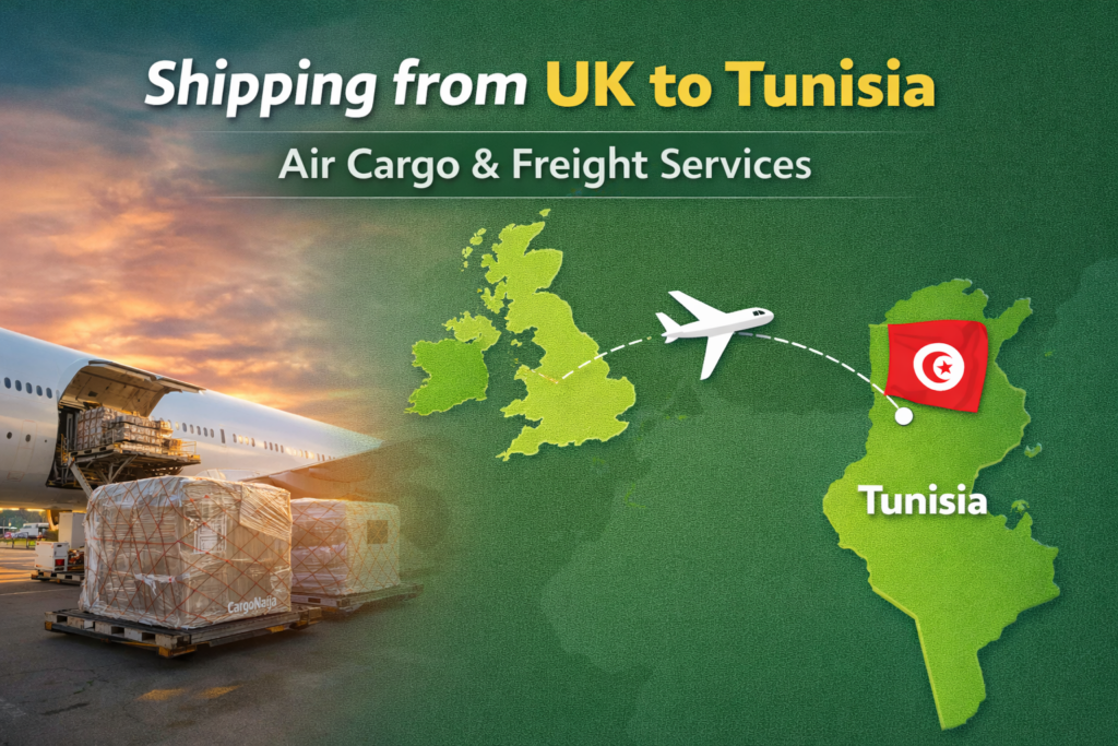 Air cargo shipping from UK to Tunisia showing cargo plane loading freight with UK to Tunisia route map and airport delivery service