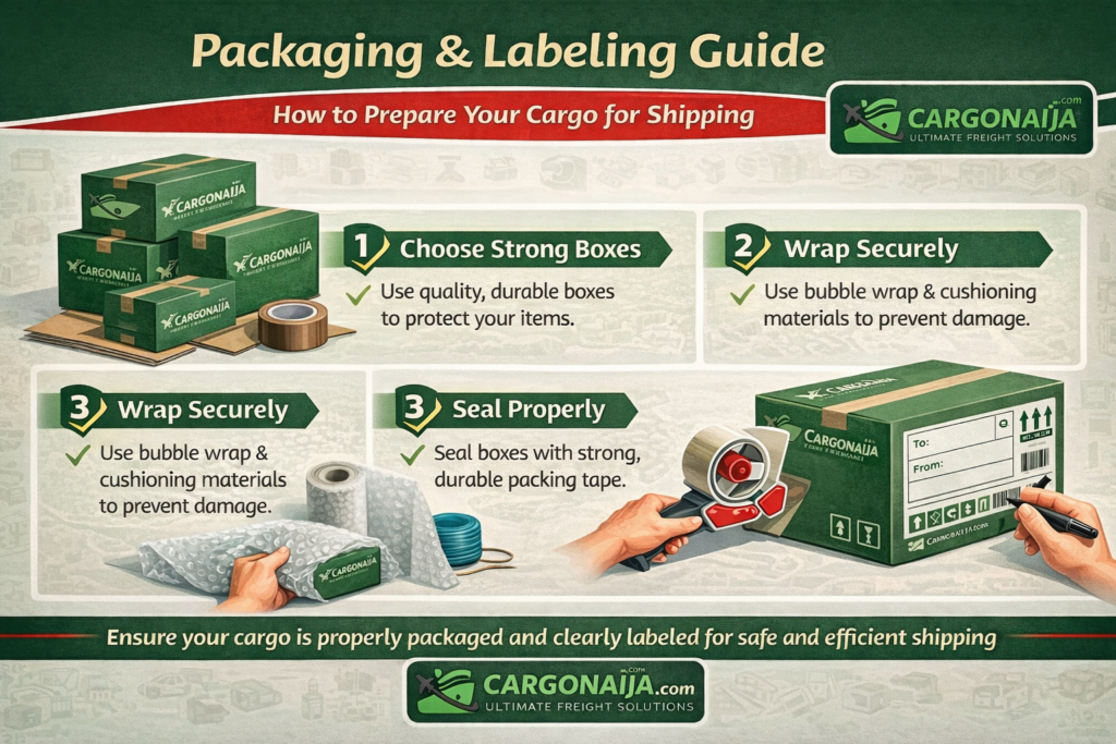 Cargonaija signature branded boxes showing correct packaging and labelling guide for shipping from UK to Nigeria