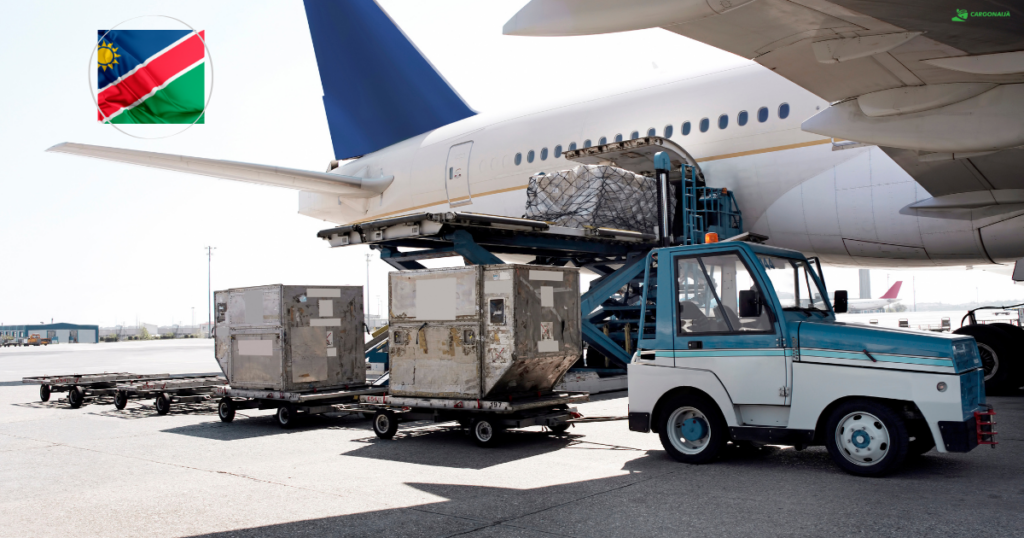 Air freight shipping route from United Kingdom to Namibia showing cargo transport path