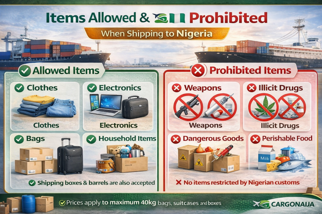 allowed and prohibited items for shipping from UK to Nigeria cargo restrictions infographic