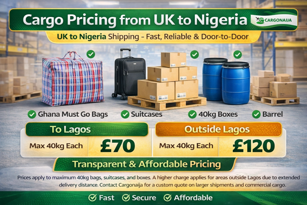 cargo pricing from UK to Nigeria shipping cost Ghana must go bags suitcases boxes barrels cargonaija