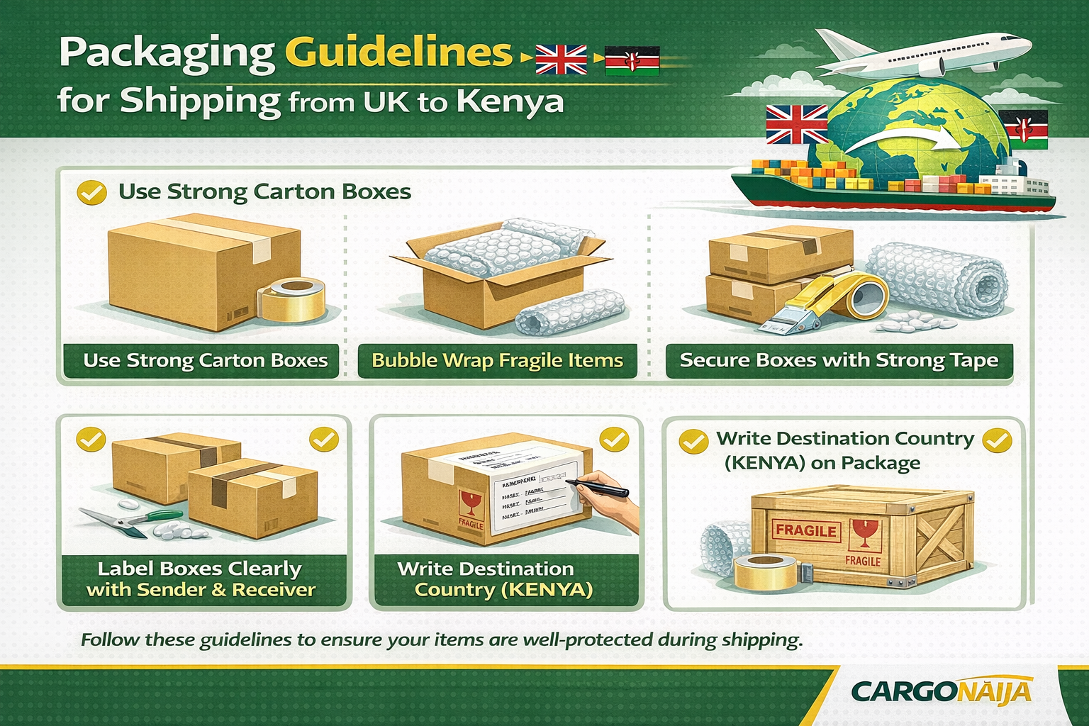 packaging guidelines for shipping cargo from UK to Kenya using strong boxes bubble wrap labeling and secure packing