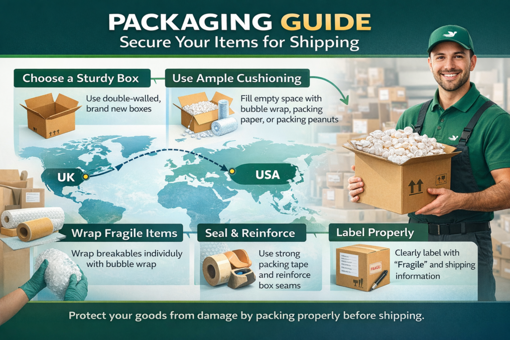how to pack boxes for sea shipping UK to USA fragile items protection