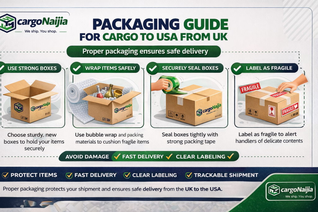 how to package cargo to USA from UK boxes wrapping fragile items secure packaging