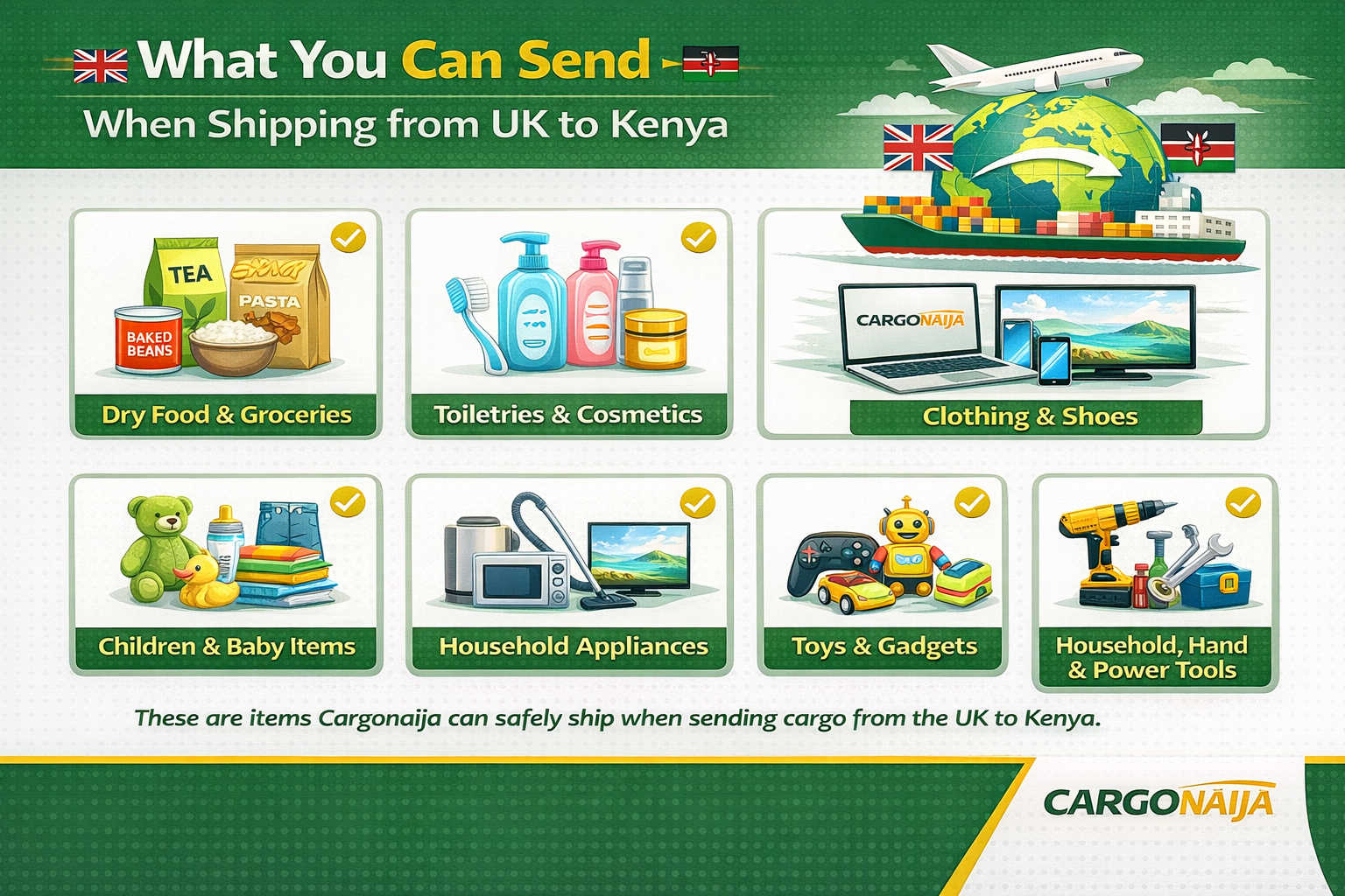 allowed items you can send when shipping cargo from UK to Kenya including clothes electronics groceries and household goods