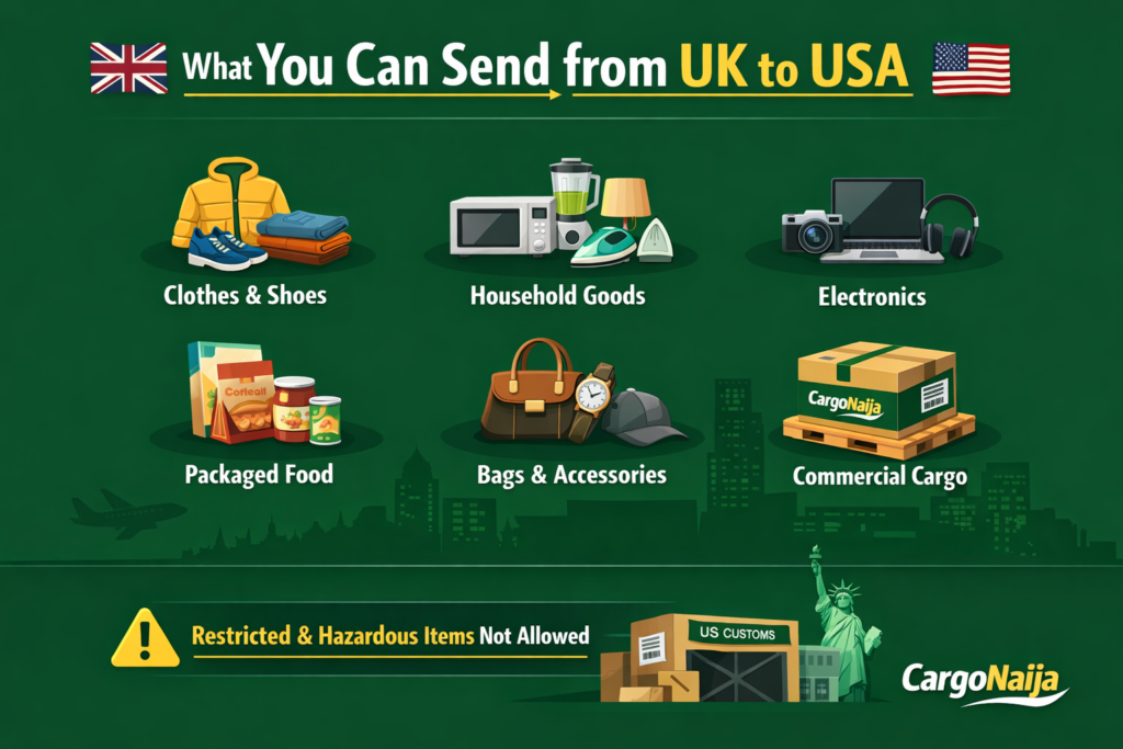 clothes electronics household goods shipping UK to USA air cargo items allowed