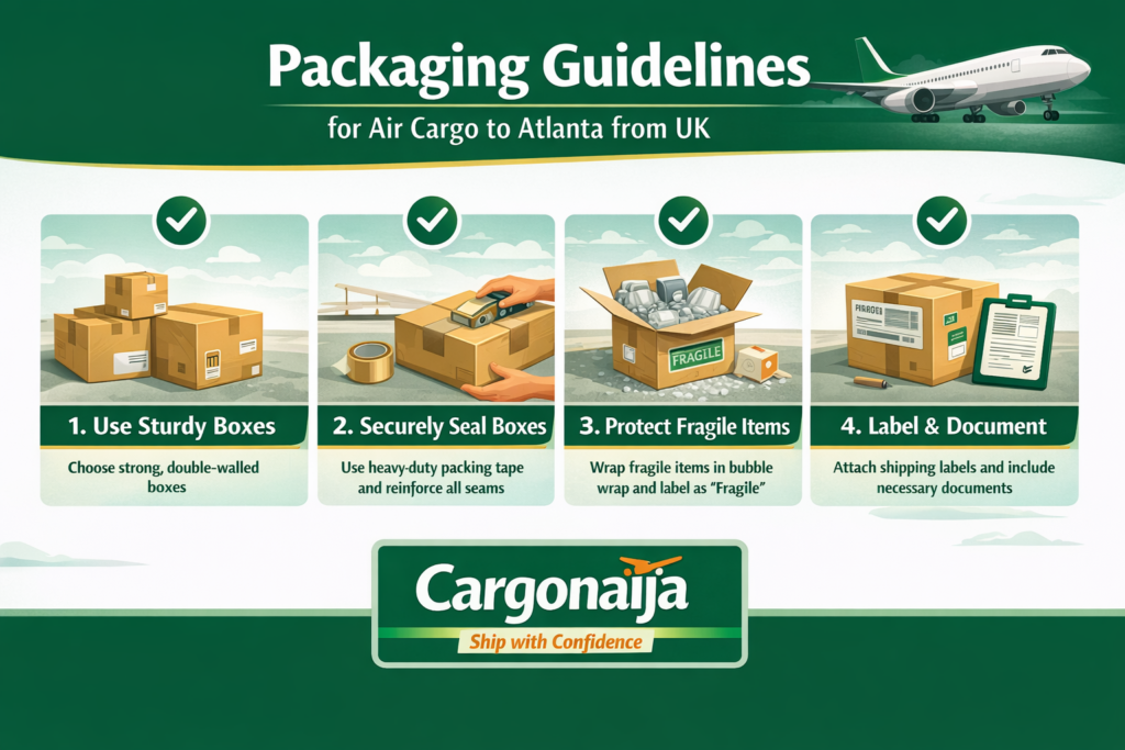 Packaging guidelines for air cargo to Atlanta from UK showing strong boxes sealing fragile protection and proper labeling for airport cargo delivery