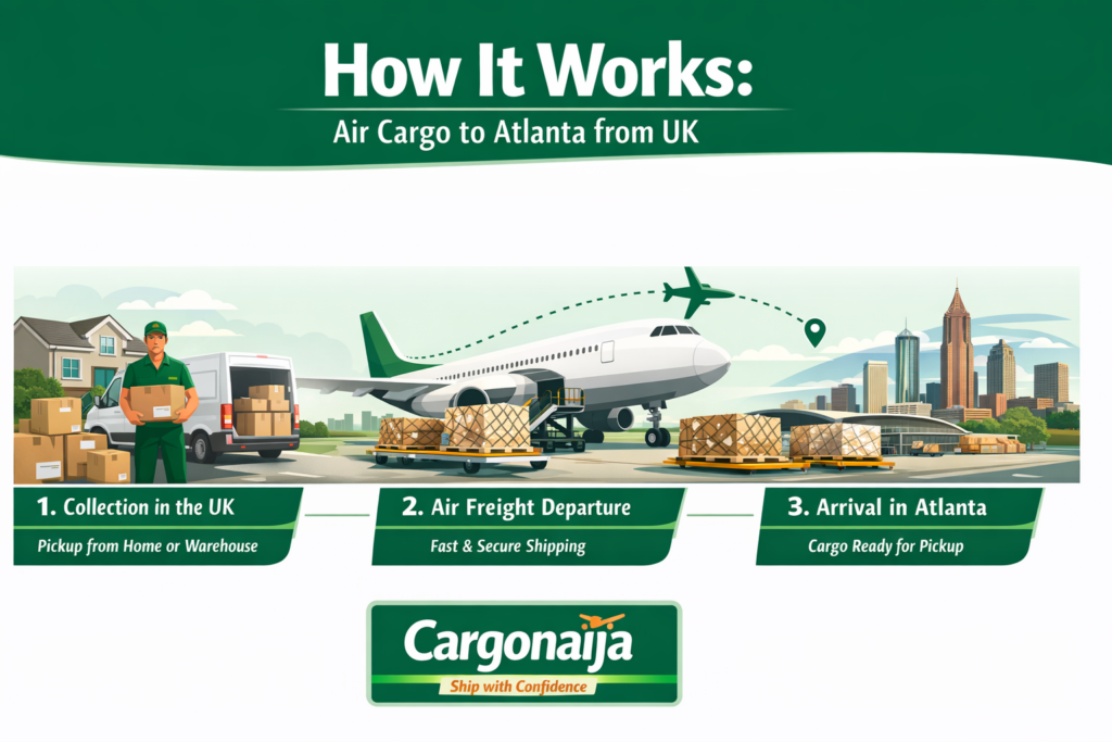 Step by step process of air cargo to Atlanta from UK showing collection, air freight shipping and airport delivery by Cargonaija