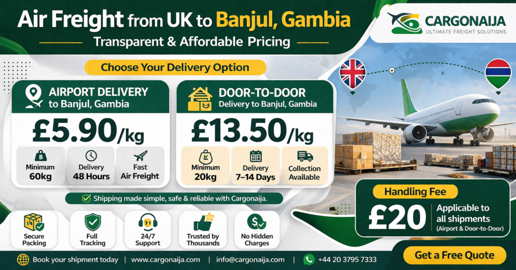 air freight from UK to Banjul Gambia cost pricing guide Cargonaija