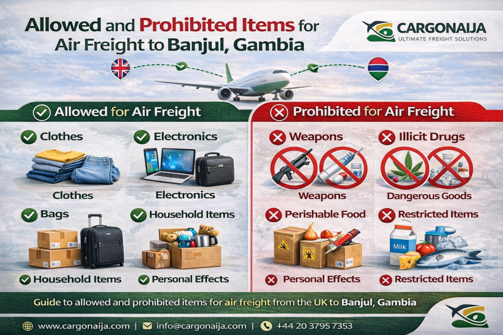 allowed and prohibited items for air freight from UK to Banjul Gambia