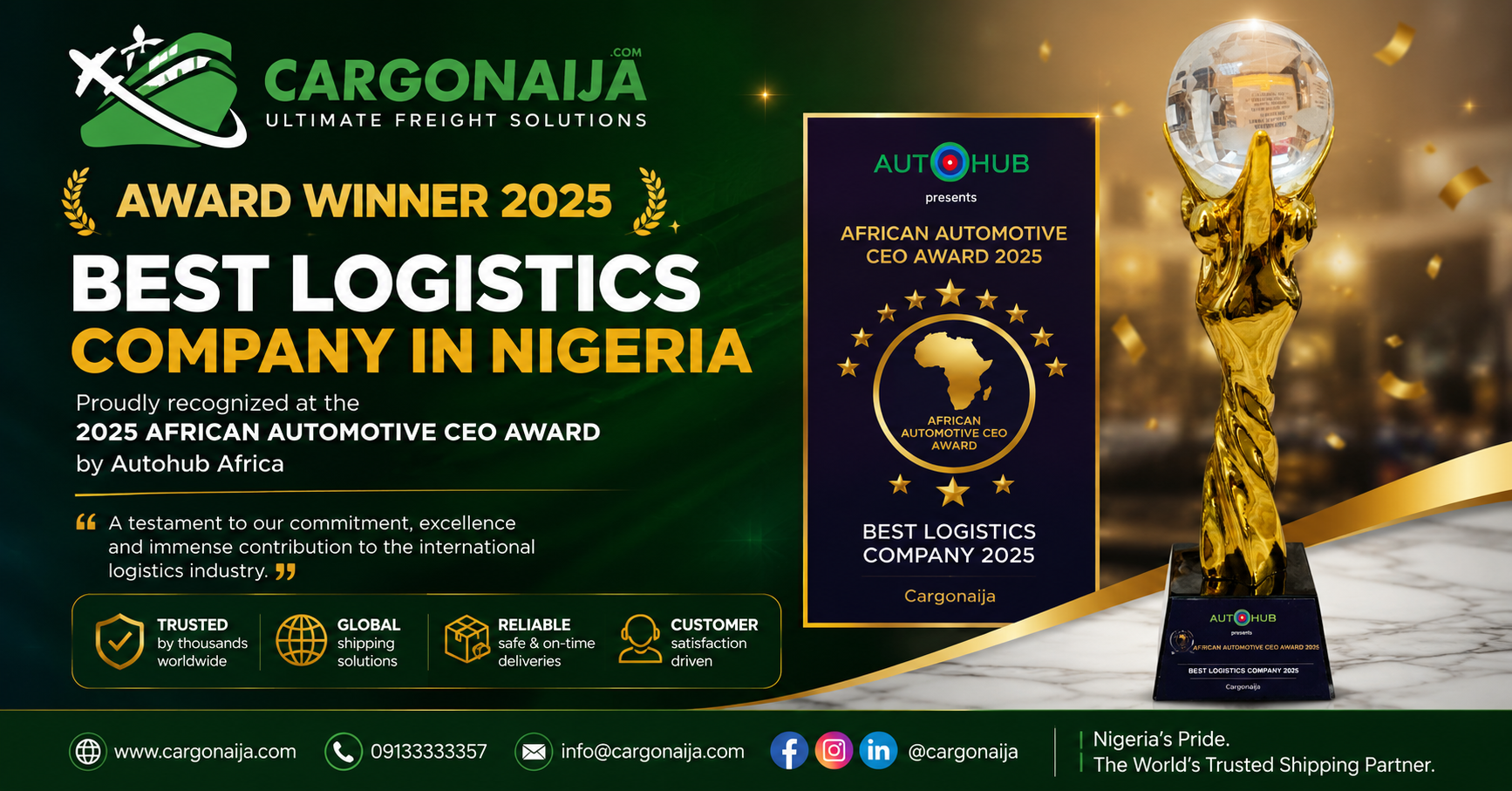 Read more about the article Cargonaija Crowned “Best Logistics Company in Nigeria” at the 2025 African Automotive CEO Awards