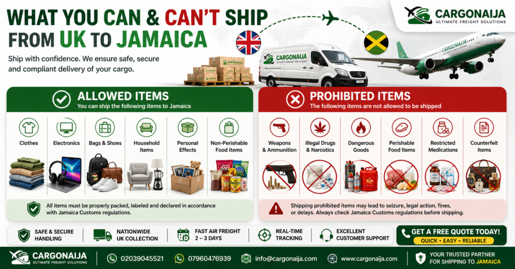 allowed and prohibited items for cargo shipping from UK to Jamaica