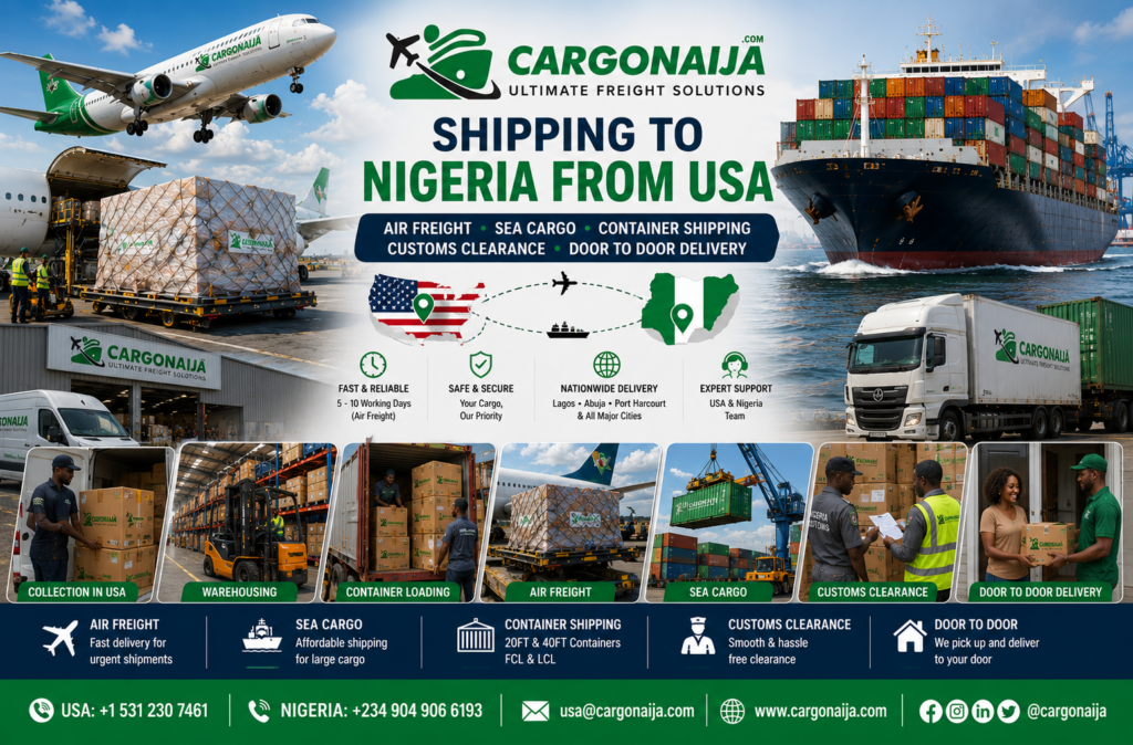 Container shipping service from USA to Nigeria for commercial and household cargo