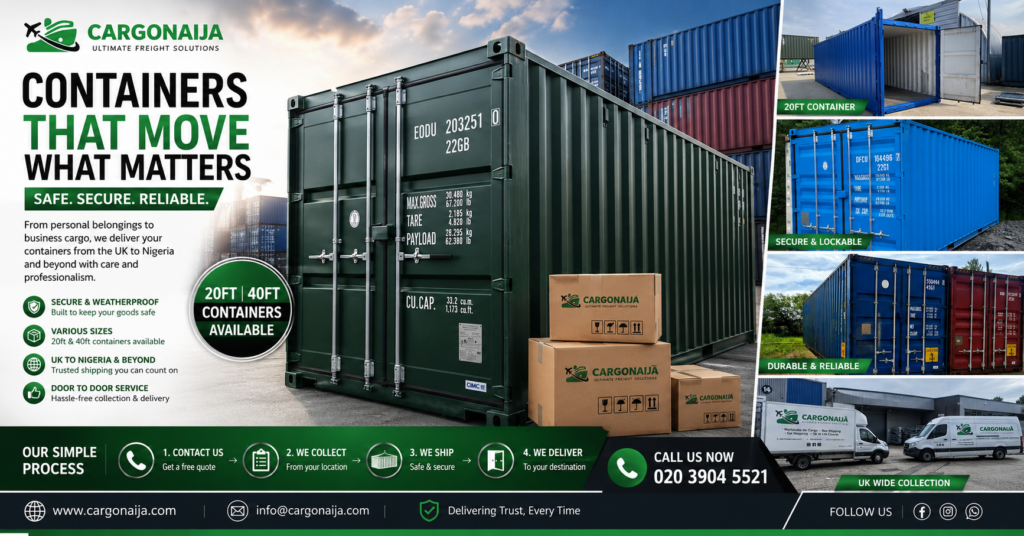 Comparison between 20ft and 40ft shipping containers showing dimensions, capacity and typical shipping costs from the UK to Nigeria.