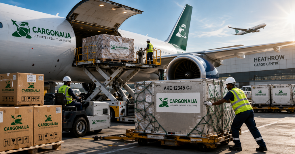 Air cargo from UK to Brunei showing cargo pallets loaded onto an aircraft at Heathrow Airport for delivery to Bandar Seri Begawan International Airport.