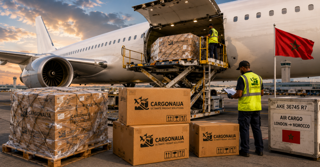 Air cargo from UK to Morocco with Cargonaija cargo boxes being loaded onto a freight aircraft.