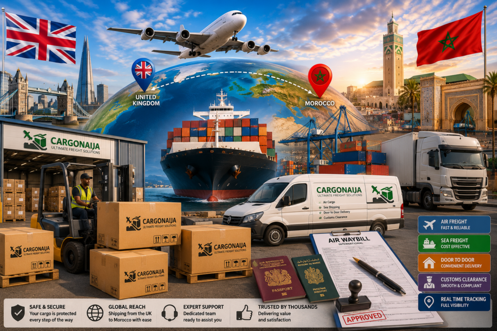 Best shipping services from the UK to Morocco including air freight, sea freight, courier, parcel delivery and commercial cargo by Cargonaija.