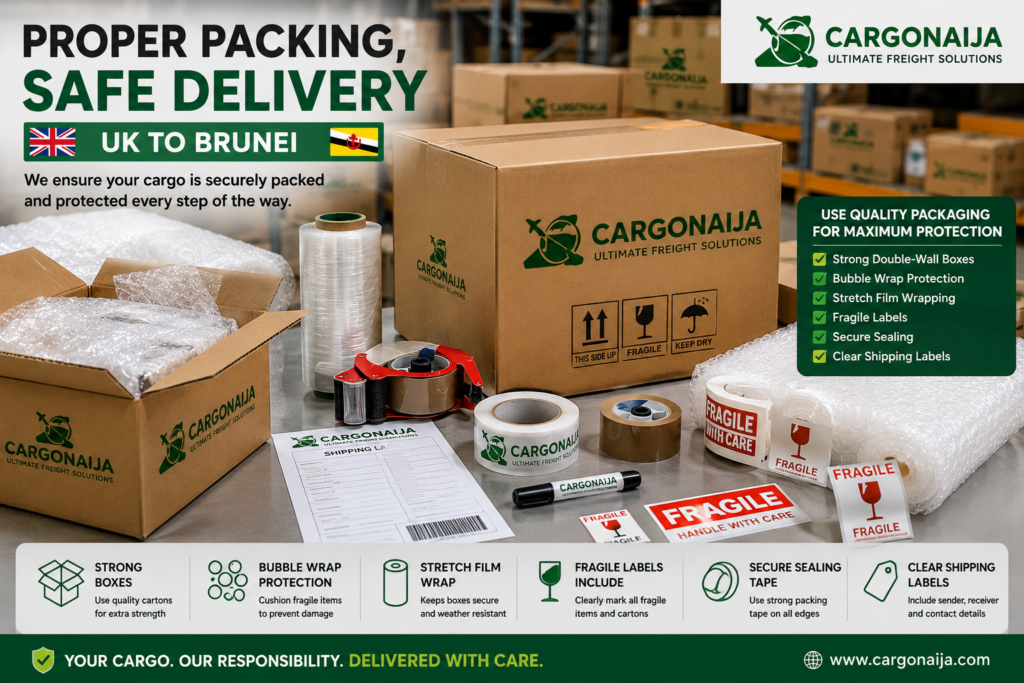 Properly packed cargo boxes for shipping from the UK to Brunei using export-quality cartons, bubble wrap and fragile protection.