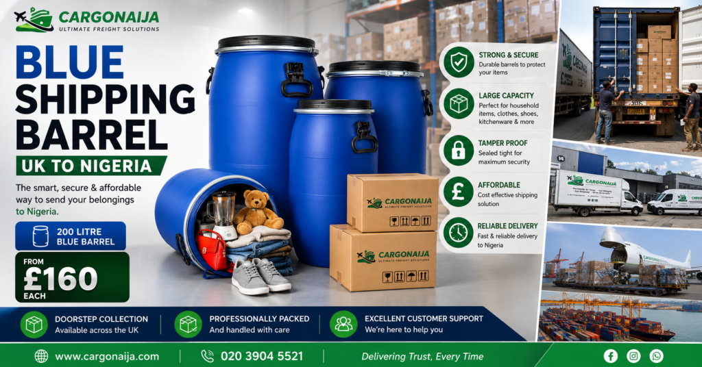 Blue shipping barrel commonly used for sending household goods from the UK to Nigeria.