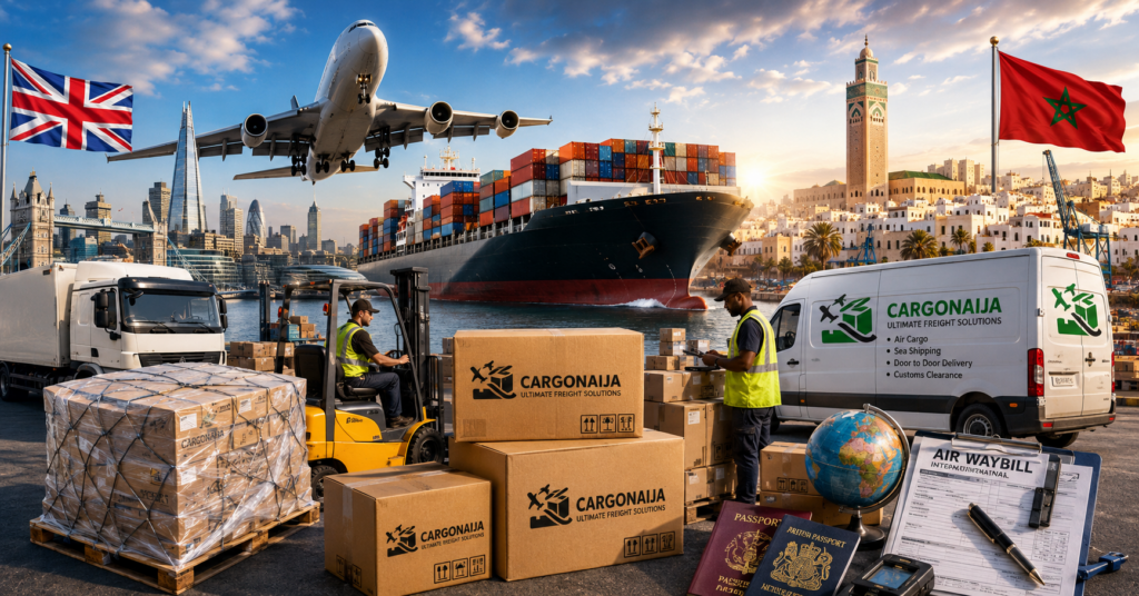 Cargo from UK to Morocco by Cargonaija showing air freight, sea freight, parcel delivery, container shipping and customs clearance between the United Kingdom and Morocco.
