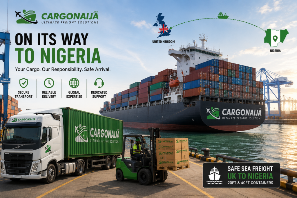 Cargonaija container ship transporting 20ft and 40ft shipping containers from the United Kingdom to Nigeria by sea freight.