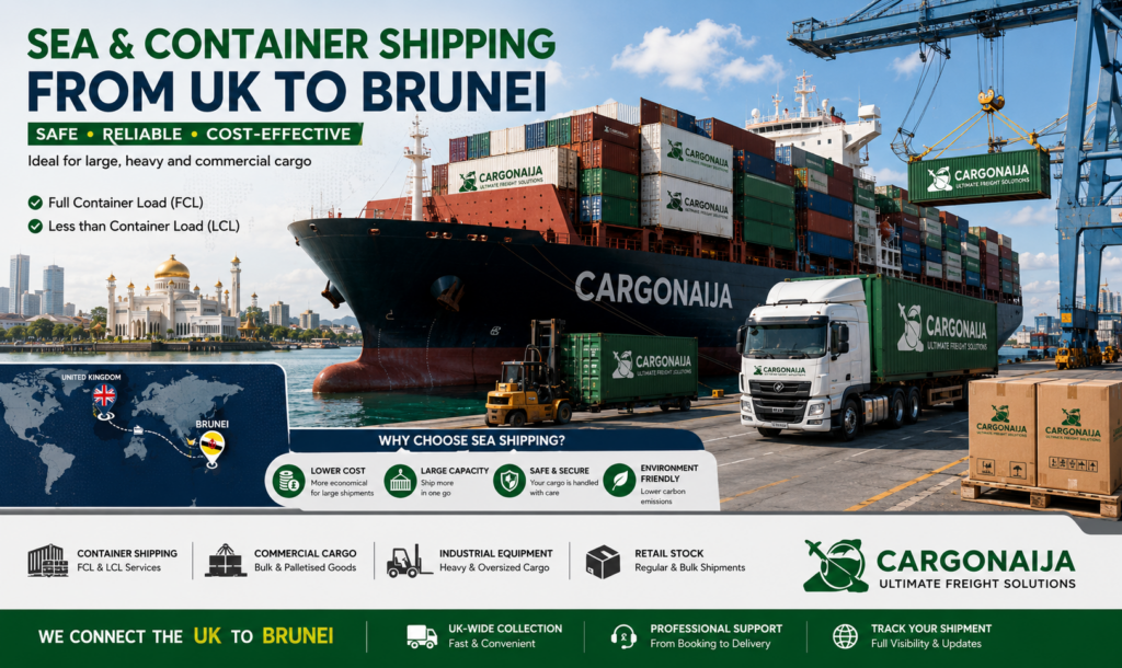 Container shipping from the UK to Brunei showing cargo containers loaded onto an ocean freight vessel for international transportation.