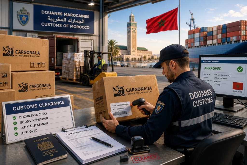 Customs clearance process for cargo shipped from the UK to Morocco.