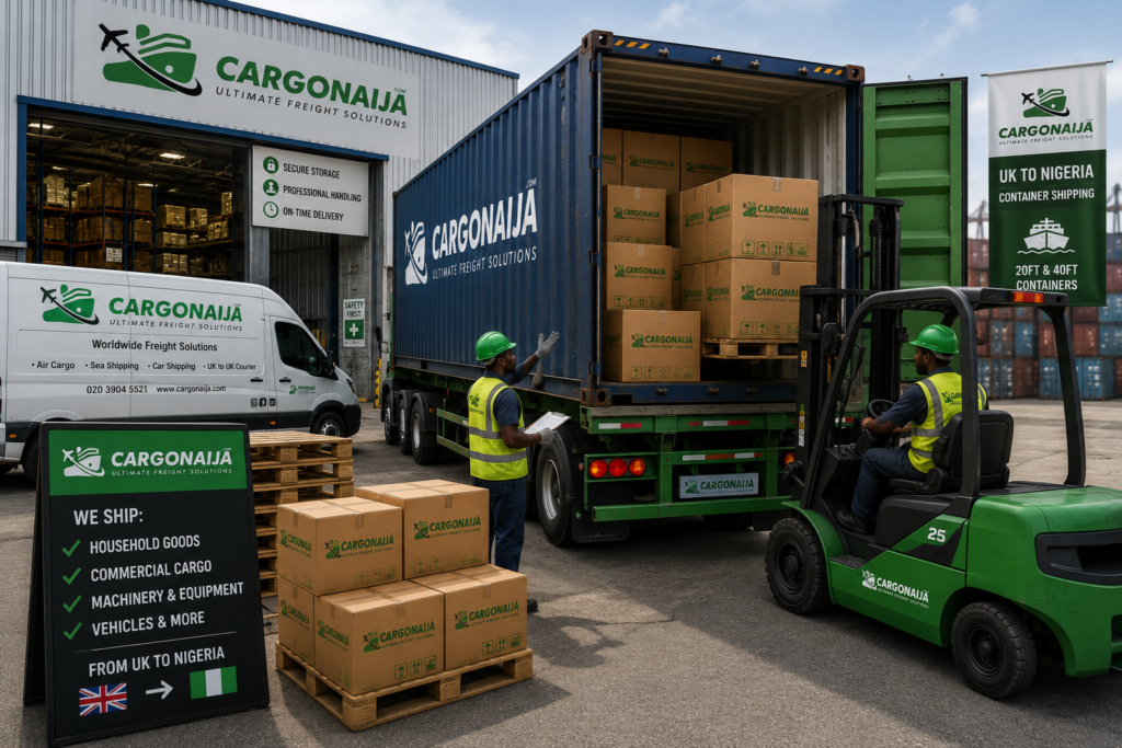 Cargonaija team loading a 20ft shipping container with commercial cargo and household goods at a UK warehouse before shipping to Nigeria.