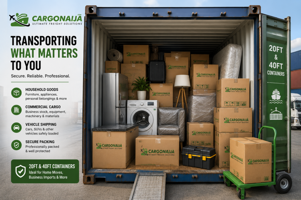 Professionally packed household goods and commercial cargo inside a Cargonaija shipping container ready for transportation from the UK to Nigeria.