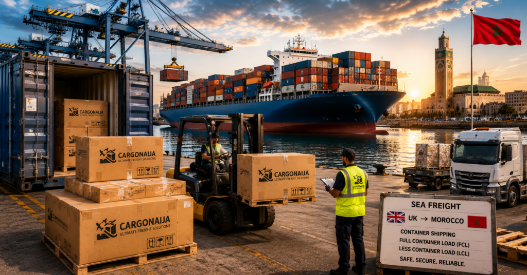 Sea freight from UK to Morocco using container shipping services by Cargonaija.