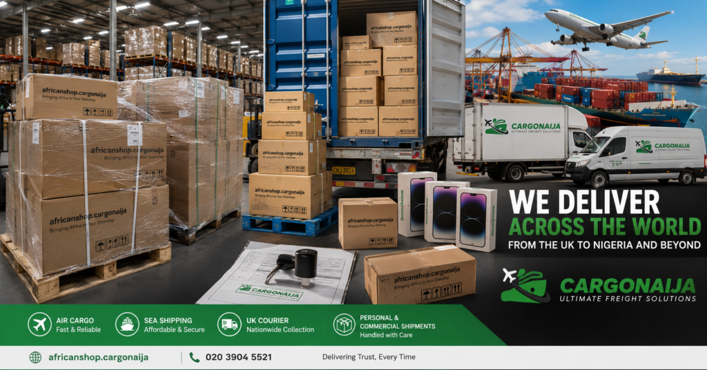 Standard UK export pallet prepared for shipping from the UK to Nigeria with approximate dimensions and shipping cost.