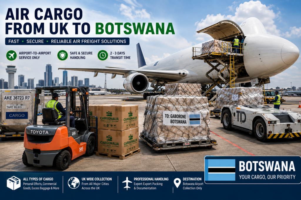 Air cargo from UK to Botswana showing airport cargo pallets being loaded onto an aircraft for fast international freight.