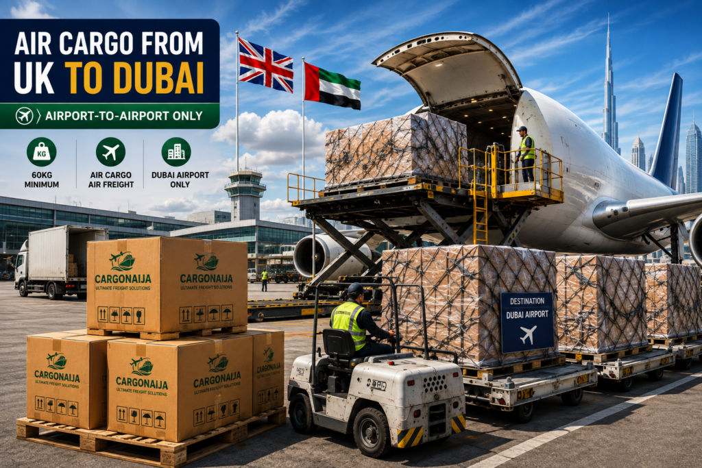 Air cargo from UK to Dubai showing Cargonaija freight boxes and cargo pallets being loaded onto an aircraft for airport-to-airport shipping.