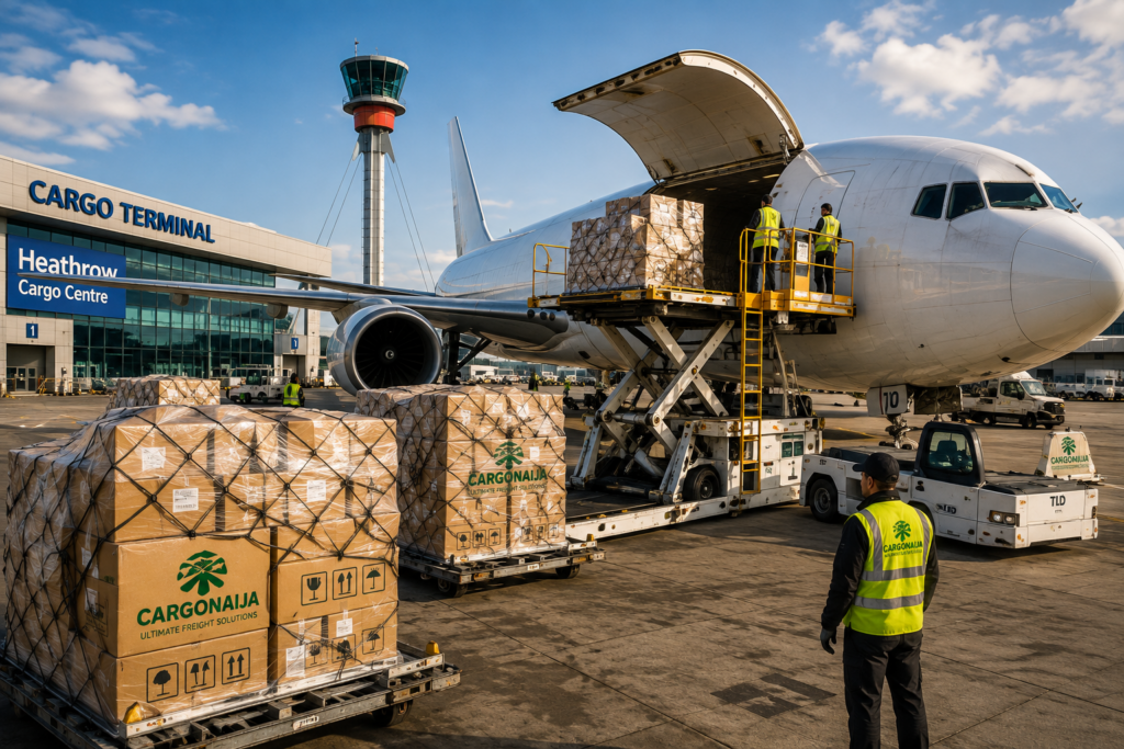 Air cargo from UK to Mauritius showing airport cargo pallets loaded onto an aircraft for fast international freight services.