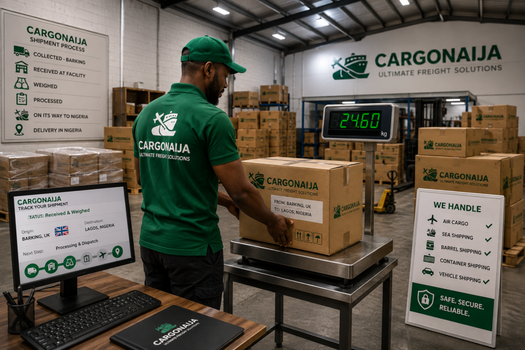 Cargonaija weighing cargo collected in Barking before shipping to Nigeria