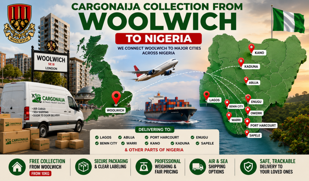 Map showing Cargonaija cargo collection from Woolwich with delivery connections to Lagos, Abuja and other Nigerian cities.