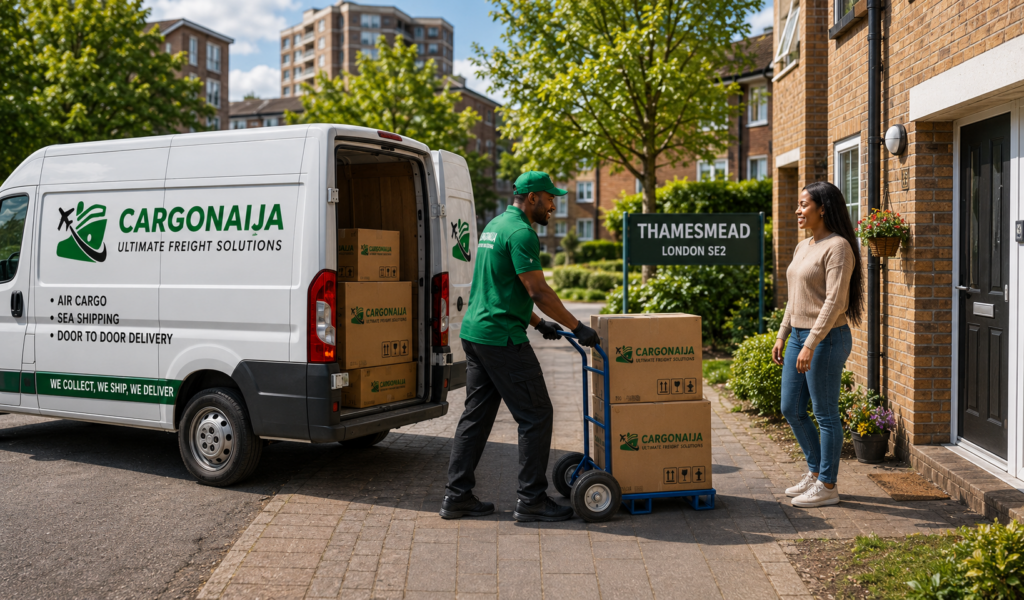 Cargonaija driver collecting boxes from a customer in Thamesmead for Nigeria