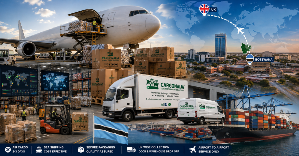 Cargo from UK to Botswana showing airport-to-airport air freight with cargo aircraft, Cargonaija branded shipping boxes, UK warehouse operations and Botswana destination.