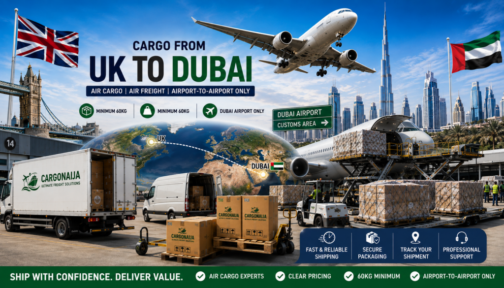 Cargo from UK to Dubai with Cargonaija airport-to-airport air freight, £6 per kg rate, 60kg minimum shipment and Dubai Airport collection.